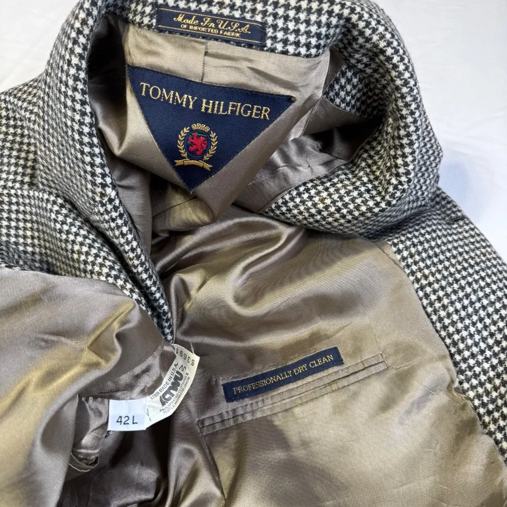 Vintage Tommy Hilfiger Houndstooth Blazer Sport Coat Jacket Mens 42L Made in USA